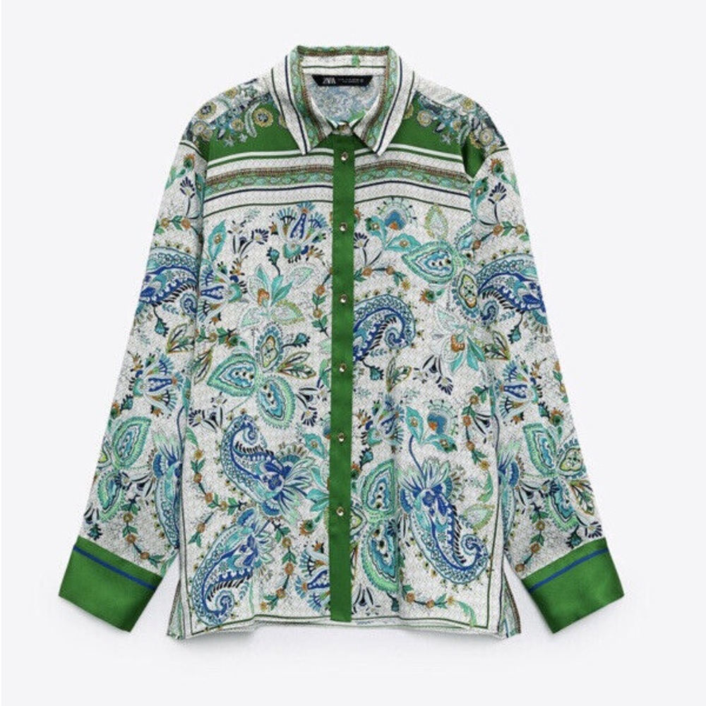 ZARA SATIN PRINTED BLOUSE GREEN ECRU SCARF FLOWY SHIRT